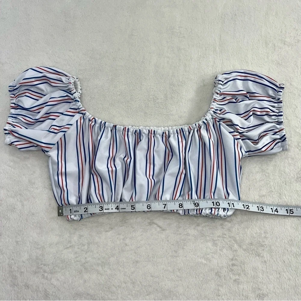 Lovers + Friends Red White Blue Striped Swim Top Size SM Ruffle Cap Sleeve Crop